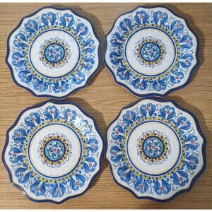 4 Sur La Table Deruta 8.5" Melamine Plates Blue Yellow Scalloped Edge Plume